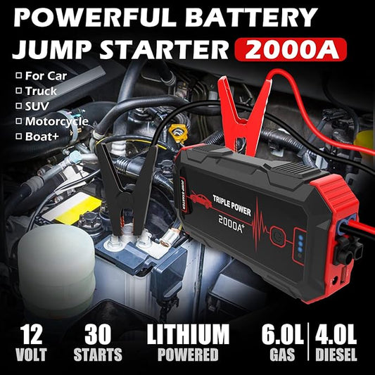 Car Jump Starter 2000A Peak (for up to 6.0L Gas or 4.0L Diesel Engine) 12V Car Battery Booster Pack, Portable Battery Starter, Power Bank Charger with Built-in LED Bright Light