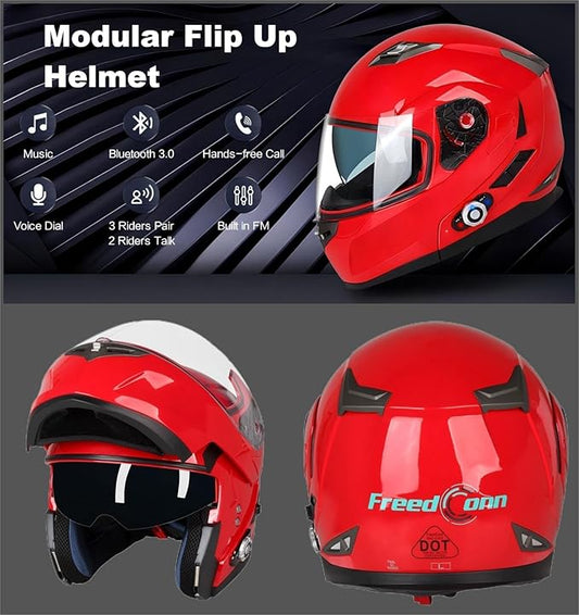 FreedConn BM2-S Bluetooth Motorcycle Helmet, Flip-Up Modular Motorbike Helmet, 500M Connectivity for 2-3 Riders, Voice Dial, Hands-Free Call, MP3, FM, DOT Certified ( Medium, Red)