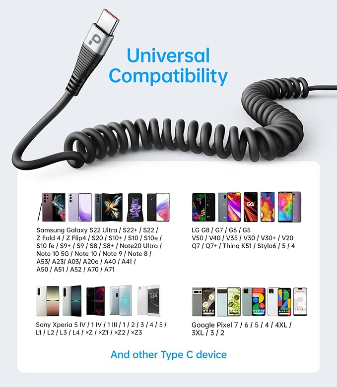 USB Type C Cable Fast Charging, 2Pack 5ft Coiled USB A to USB C Charge Cable for Car Android Auto Charging Cord Compatible with iPhone 16/15/Plus/Pro/Samsung Galaxy S20 S10 Plus and More USB C Devices