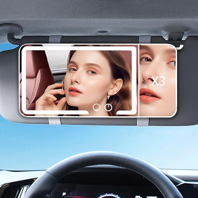 Car Sun Visor Vanity Mirror, Dimmable Touch Screen Makeup Mirrors with 3 Light Modes & 3x Magnifying for Women Detailed Makeup Universal Clip-on Rear View Sun-Shading Cosmetic Mirror (Black)