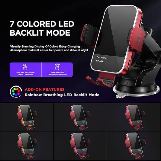 Wireless Car Charger,【7 Colored RGB Backlit】Mosurr 15W Auto Clamping Car Charger Phone Mount Holder fit for iPhone 15 14 13 12 Mini Pro Max 11 XR XS, Samsung Galaxy S24 Ultra S23 S22 S21+ Note 20, etc