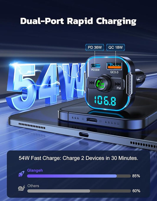 Bluetooth 5.3 Car Adapter【PD 36W+QC3.0 18W】, 2-in-1 FM Bluetooth Transmitter 【Dual Stronger Mics】& Fast Car Charger, Wireless FM Radio Adapter Hands-Free Calling, Siri Assistant, Black
