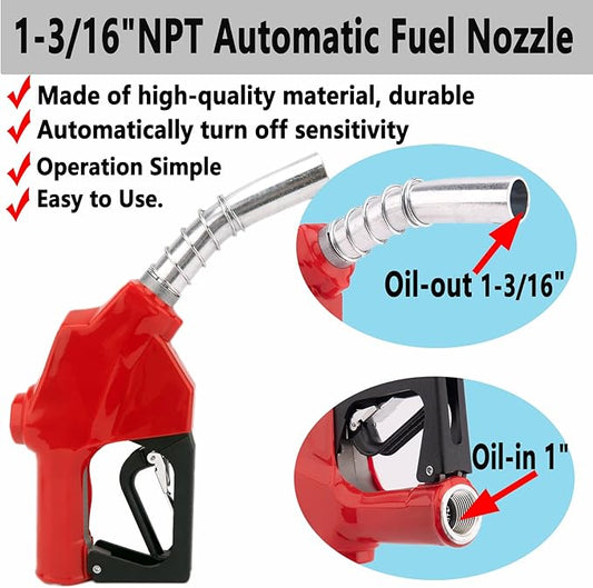 1-3/16"Automatic Fuel Nozzle, Car Fuel Filling Nozzle,Auto Shut-Off Fuel Nozzle, High Flow Automatic Fuel Nozzle, Suitable for Filling Diesel,Kerosene and Various Gasoline(inlet 1”NPT,32GPM) Red