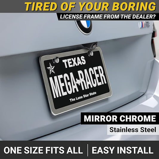 Premium Slim Polished Mirror Chrome License Plate Frames – 2 Pack, Rust-Free Stainless Steel, Rattle-Free & Street Legal Universal Fit with Screw Covers, Thin Silver Metal Front & Rear Car Tag Holders