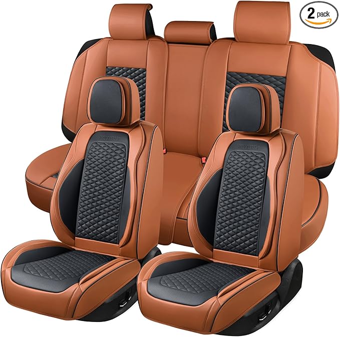 Seat Covers for Cars Full Set, Leather Seat Covers 2 Pack, Breathable Leather Materials, Suitable for SUV/Truck/Sedan/Automotive (Brown, 5 Piece)