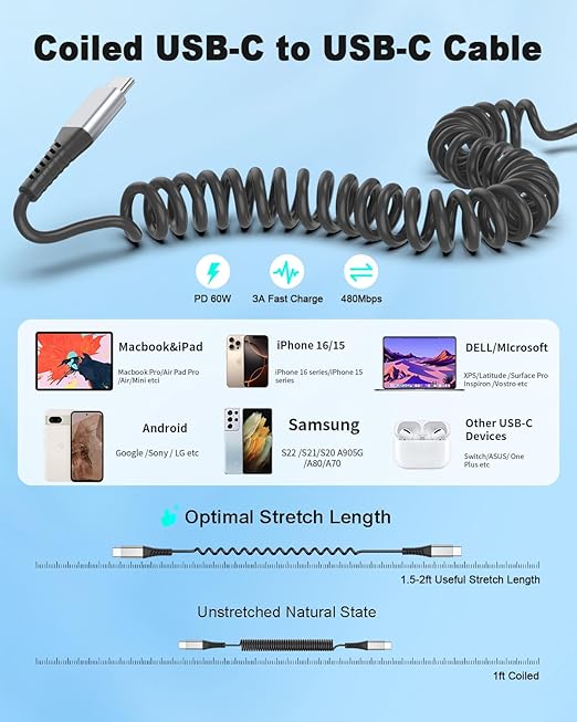 Coiled USB C to USB C Cable, 2 Pack Retractable USB Type C Charging Cable 60W USB C to C Coiled Cord for iPhone 16 15 Pro, Samsung Galaxy S25 S24 Ultra / A16, Moto G, Google Pixel, iPad Air 4
