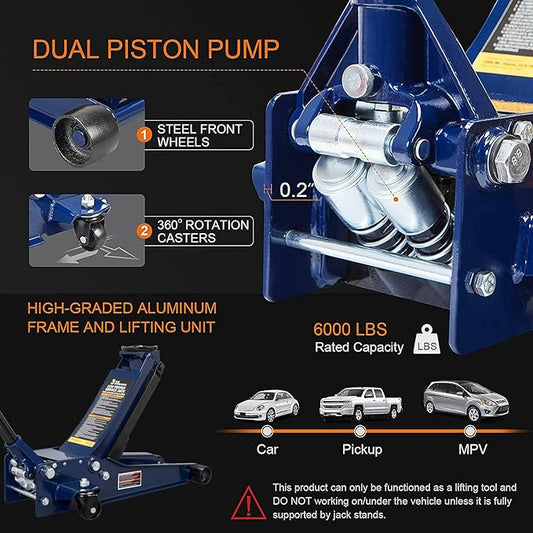 TCE ATZ830026XU-1 Torin Ultra Low Profile Floor Jack Heavy Duty Hydraulic Steel Service : Dual Piston Quick Lift Pump and Detachable Handle, 6,000 LBS Capacity, Blue