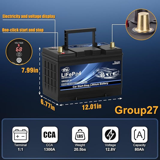 TPE Car Start-Stop Lithium Battery BCI GROUP 27 12V 80AH Car Battery with 1300CCA – High-Performance Automotive Battery with 60 Months Warranty