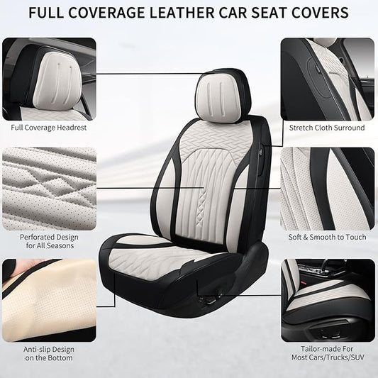 Car Seat Covers Full Set, Leather Seat Covers for Cars, Car Seat Protector Waterproof, Non-Slip Car Interior Covers Fit for Most Cars, SUV, Vans, Trucks,5Seaters,Full Set,Black-White