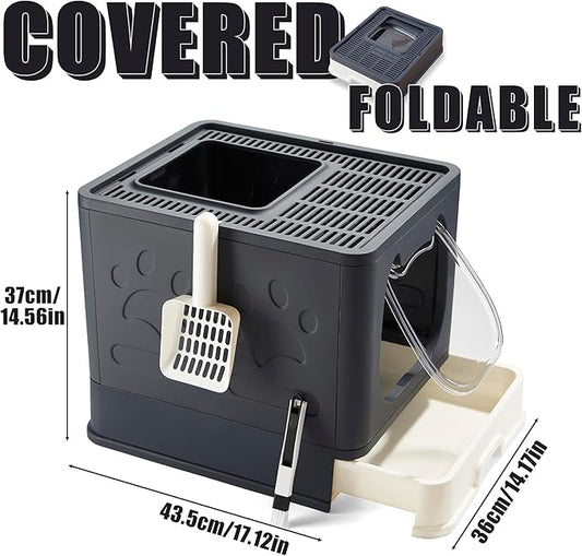 Gefryco Litter Box with Lid for Small to Medium Cats, Enclosed Cat Litter Box with Cover,High Sided Top Entry Cat Box with Brush and Scoop, Cute Kitty Litter Pan with Drawer for Growing Kitten(Black)
