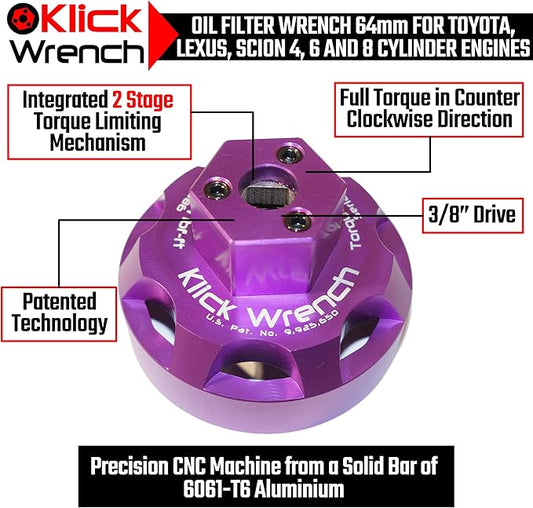 64mm 2 Stage Heavy Duty Torque Limiting Oil Filter Wrench Purple 6061-T6 Billet Aluminum
