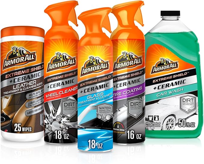Armor All Complete Ceramic Exterior Car Cleaner Car Care Kit, Keeps Car Fresh and New, Includes-Leather Cleaning Wipes, Tire Coating Spray, Wheel Cleaner, Car Wash and Glass Cleaner, 5 Count