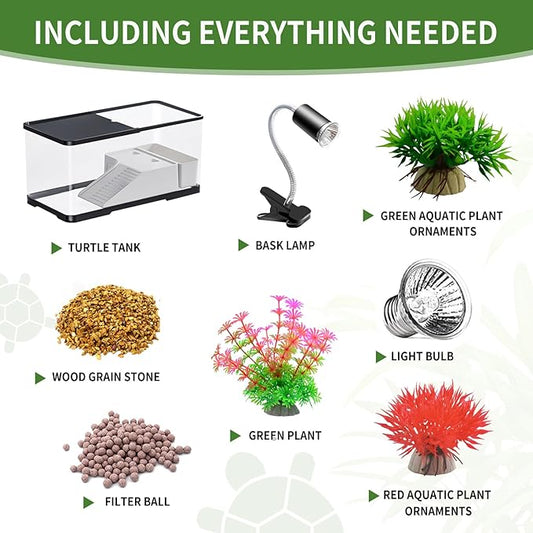 (Tank + Light + Filter Balls) Turtle Tank Kit, Turtle Tank Starter Kit,Bottom Drainage, Multi-Function Areas for Turtles, Crabs,Fishes, Amphibians,Reptiles.(15.75 x 8.64 x 8.64 Inch)