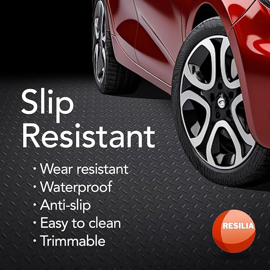 RESILIA Heavy Duty Garage Floor Runner & Protector Mat - Slip Resistant Diamond Plate PVC Mats - Water, Spill, & Stain Resistant, Black (4 feet x 10 feet), Made in The USA