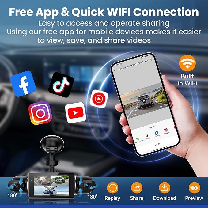 Dash Cam 4 Channel 360° Coverage - Front 4K + Triple 1080P HD Car Camera Built-in WiFi Car Camera with App, G-Sensor/Night Vision/Parking Mode/Loop Recording Free 64GB SD Card