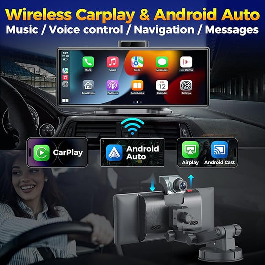 10.26" Wireless Apple CarPlay Android Auto Car Screen - Secure Strong Bracket, 4K Dash Cam, GPS Navigation, HD Touchscreen, AirPlay, Car Stereo, Fits All Vehicles