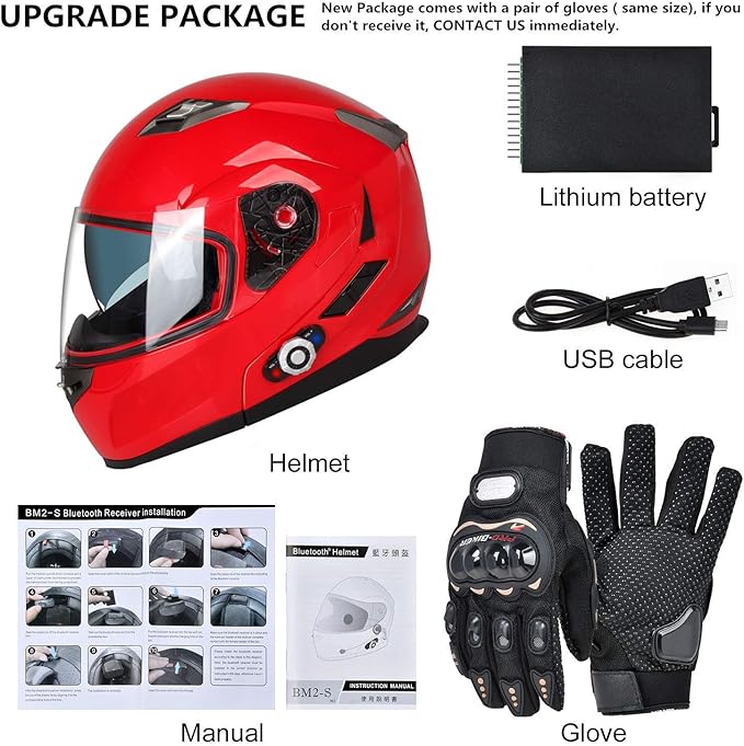 FreedConn BM2-S Bluetooth Motorcycle Helmet, Flip-Up Modular Motorbike Helmet, 500M Connectivity for 2-3 Riders, Voice Dial, Hands-Free Call, MP3, FM, DOT Certified ( Medium, Red)