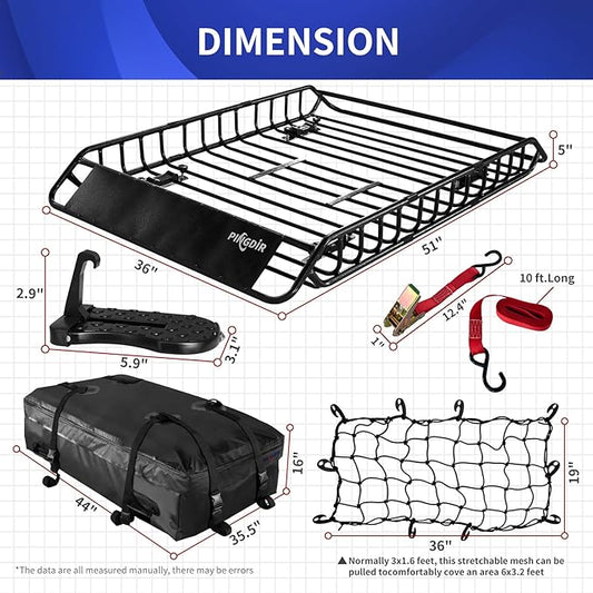 Roof Rack Basket 51" X 36" X 5" Rooftop Rack Cargo Carrier Universal, Waterproof Cargo Bag 44 * 35 * 16", Cargo Net with Attachment Hooks, 2 pcs Ratchet Strap,Roof Pedal