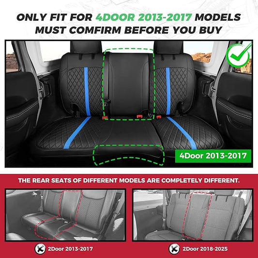 for Jeep Wrangler Seat Covers 4Door JK 2013 2014 2015 2016 2017, Custom Car Seat Cover Full Set, Luxury Leather Seat Protectors, Waterproof SUV Interior Cushions Accessories, Black Blue Trim