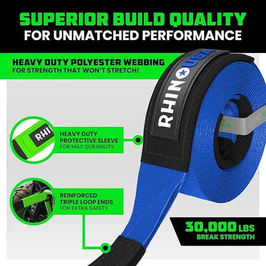 Rhino USA Recovery Tow Strap (4" x 30') - 40,320lb Break Strength - Emergency Recovery Strap Tow Rope for Diesel Trucks, Backhoe, Excavators & More - Heavy Duty Towing Strap for Offroad 4x4 Use (Blue)
