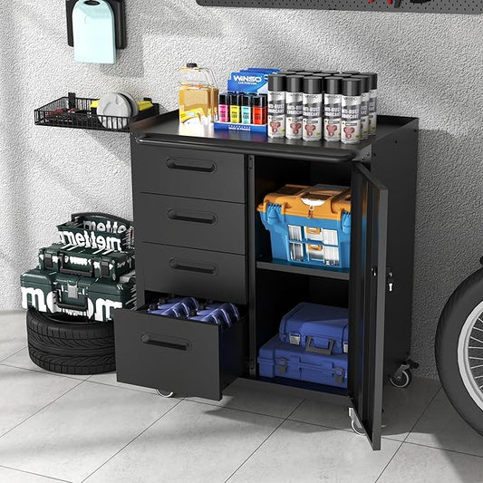 Metal Storage Cabinet with Wheels, Garage Cabinet with 1 Door and 4 Drawers, Rolling Tool Storage, Assembly Required, Black