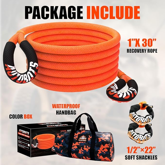 AUTOBOTS Kinetic Recovery Rope 1" x 30'(48,600lbs)+2 Soft Shackles,Heavy Duty Tow Rope Tow Strap for Truck ATV UTV SUV Car,Offroad Recovery Kit