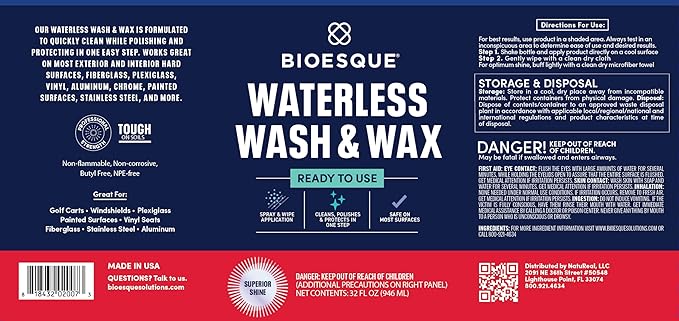 Bioesque Waterless Wash & Wax, Ready to Use Formula for Cars, Trucks, Boats, RVs, Motorcycles, & More, 32 Fl Oz (Pack of 1)