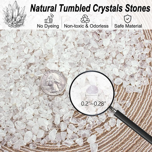 0.88 Lb Clear Quartz Crystal Chips Natural Tumbled Healing Crystal Chips Bulk Crushed Stones, Betta Fish Tank Gravel Rocks Clear Mini Pebbles for Aquarium, Vase Fillers, Succulent Plants Decor, 3-5 mm