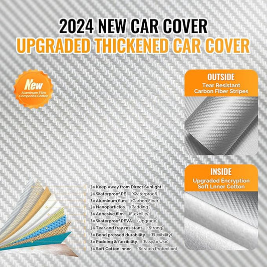 30 Layers Car Cover for Automobiles All Weather Waterproof, Outdoor Snowproof UV Protection Windproof, Door Zipper, Soft Cotton, Heavy Duty Universal Car Covers, (Silver, Fit Sedans 191"-200")