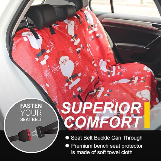 Back Seat Cover for Car Trucks Van SUV,Waterproof Rear Bench Towel Seat Covers for Dogs and Kids,Automotive Backseat Protector (Santa Claus)