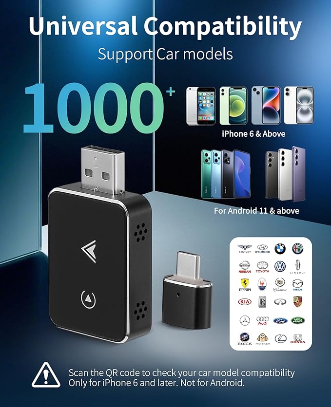 Carplay Wireless Adapter, 2 in1 Carplay & Android Auto 2025 Upgraded Wireless Adapter, Converts Wired to Mini Size Car Play, Fast Auto-Connect, No Latency, Plug and Play, USB A/C