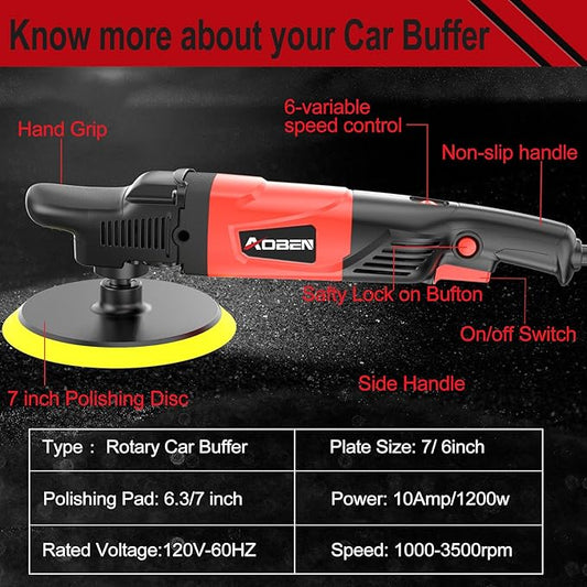AOBEN Rotary Buffer Polisher,1200W 6-inch/ 7-inch Car Buffer,Car Polisher Waxer Kit with 6 Variable Speed 1000-3500RPM & 4 Polishing Pads,Detachable Handle for Boat,Car Polishing and Waxing
