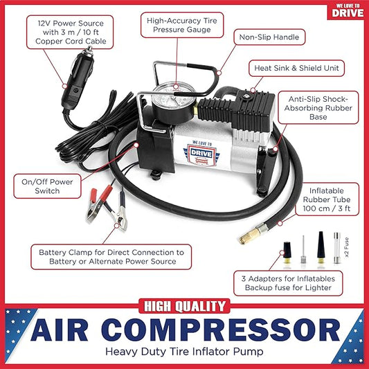 Tire Inflator Portable Air Compressor For Car Tires & Inflatables, 12V DC One Cylinder Air Pump For Emergency Kit with 150 PSI Pressure Gauge, Adaptors, Hose, Car Plug, Clip Connectors & Carry Bag