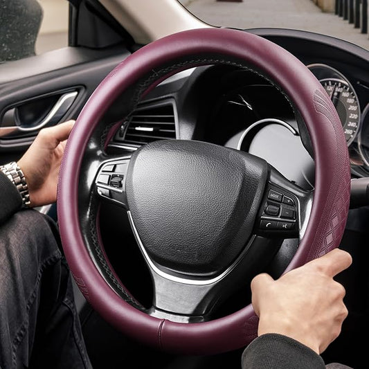 【2025 Model】 High-Grade Real Cowhide Steering Wheel Cover for Men Women,Wine Red Genuine Leather Steering Wheel Cover for Cars,Universal 14.5-15 inch Steering Wheels,Grid & Square Motif