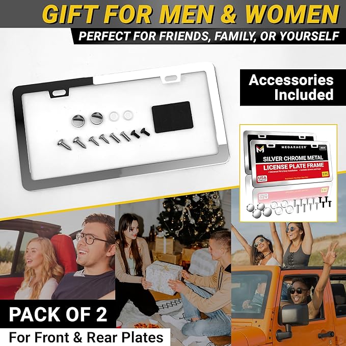 Premium Slim Polished Mirror Chrome License Plate Frames – 2 Pack, Rust-Free Stainless Steel, Rattle-Free & Street Legal Universal Fit with Screw Covers, Thin Silver Metal Front & Rear Car Tag Holders