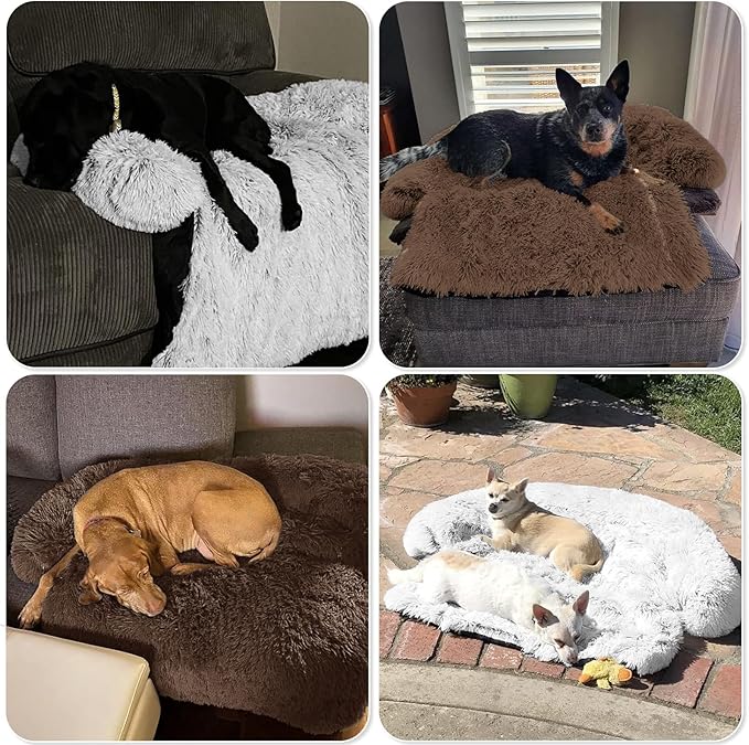 GGIB Calming Dog Bed Fluffy Plush Dog Mat for Furniture Protector with Removable Washable Cover for Large Medium Small Dogs and Cats (Extra Large (53x39.3x6), Coffee)