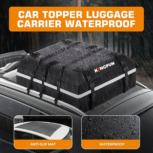 Kingfun Car Rooftop Cargo Carrier – Waterproof 20 Cubic Feet Car Roof Bag Fit All Vehicles with/Without Roof Racks, Includes Anti-Slip Mat, 8 Reinforced Straps & 6 Door Hooks, Luggage Locks(Black)