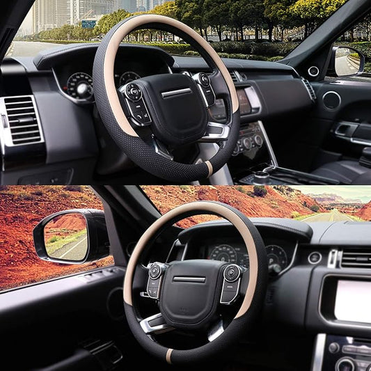 COFIT Breathable Car Steering Wheel Cover 16 inch Auto Universal Leather Wrap Non-Slip Steeringwheel Protector Automotive Interior Accessories, Beige (Suit for 15.5-16 inch)