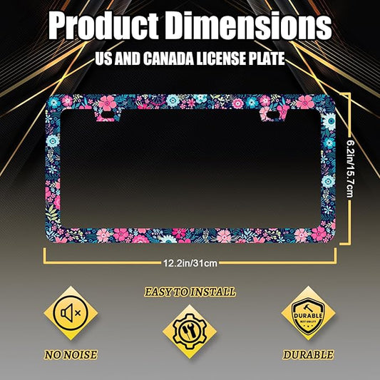 Colorful Flowers License Plate Frame Beautiful Floral Flower License Plate Holder for Women Car Decorative Stainless Steel Cute License Plate Flowers Auto Parts with Screws 12.2"x 6.2"