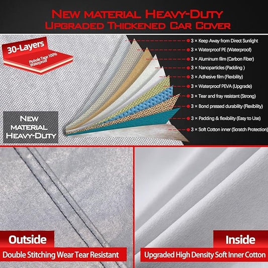 30 Layers Heavy Duty SUV Car Cover for Automobiles All Weather Waterproof, Outdoor Snowproof UV Protection Windproof, Door Zipper, Soft Cotton Universal Car Covers (Silver, Fit SUV 191"-200")