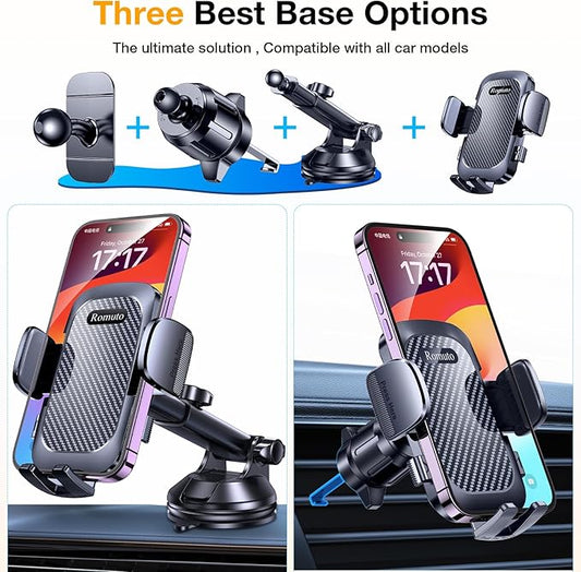 Phone Holders for Your Car【2025 Upgraded 3 Base in 1】Car Phone Holder Mount Dash【360°】Suction Cup Phone Mount for Truck Cell Phone Holder Automobile Accessory Kits for Car fits iPhone Samsung