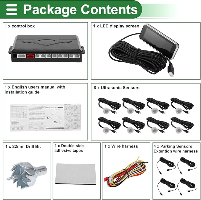 Motoforti Auto Vehicle Reverse Backup Radar System Reverse Parking Sensors Sound Warning Alarm Buzzer Reminder Distance Detection Silver Tone 8 Parking Sensors