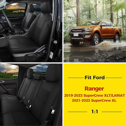 GIANT PANDA Customized Full Set Car Seat Covers Fit 2019 2020 2021 2022 2023 Ford Ranger SuperCrew(XLT,Lariat), 2021-2023 SuperCrew XL,Black