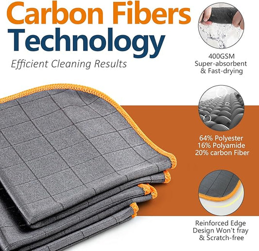 Airlab Carbon Microfiber Towels for Car Glass Window Polishing Cleaning Cloth Auto Detailing Lint Free Streak Free Drying Car Wash Towel, Pack of 3, 12" x 12", Grey-Orange