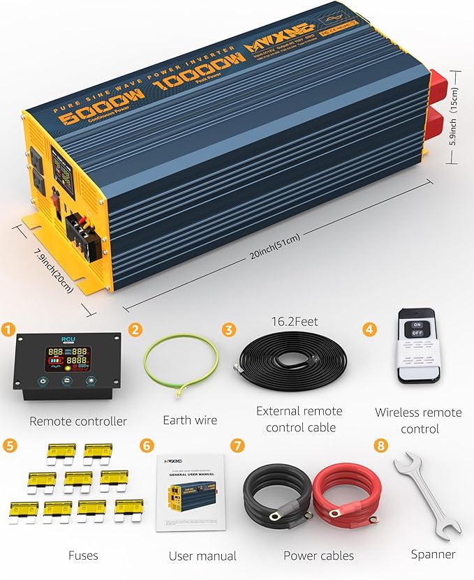 5000 Watt Power Inverter Pure Sine Wave 12V DC to 110V 120V 10000W Peak Heavy Duty Inverter with Remote Control and LED Display, 4 USB/Type-C Ports & 2 AC Outlets Car Charger for Vehicles RV