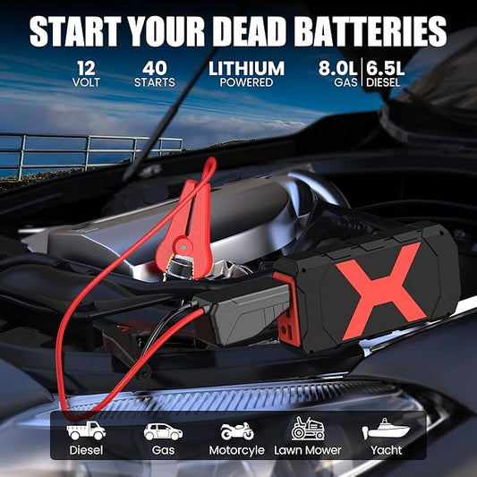 BOOKOO Jump Starter 2000A for Car/Boat/Lawnmower(8.0L Gas/6.5L Diesel Engine) Portable 12V Car Battery Jump Starter with Cables,Wall Charger,USB 3.0 Fast Charging,16V DC Output,3 LED Modes