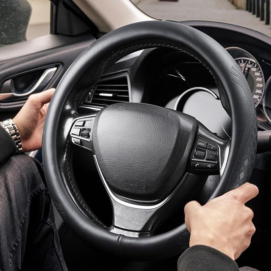 【2025 Model】 High-Grade Real Cowhide Steering Wheel Cover,Black Genuine Leather Steering Wheel Cover for Cars,Universal 15 inch Steering Wheels,Grid & Square Motif