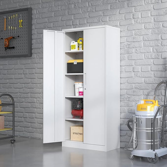 Metal Storage Cabinet with Adjustable Shelves, Garage Tool Cabinet with 2 Lockable Doors for Office, Home, Garage, Require Assembly, White