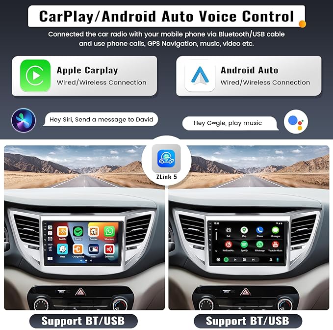 UNITOPSCI 4G+64G 8Core Android 13 Car Stereo for Hyundai Tucson 2015-2018 Wireless Apple CarPlay Android Auto 9” Touchscreen Bluetooth 5.0 GPS Navi DSP Mirror Link WiFi FM/RDS SWC+Backup Camera Mic