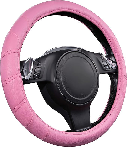 CAR PASS Line Rider Microfiber Leather Sporty 14.5-15 inch Car Steering Wheel Cover Universal Fits for 95% Cars Sedans SUV Trucks, Anti-Slip Safety Comfortable Design (Pure Pink)